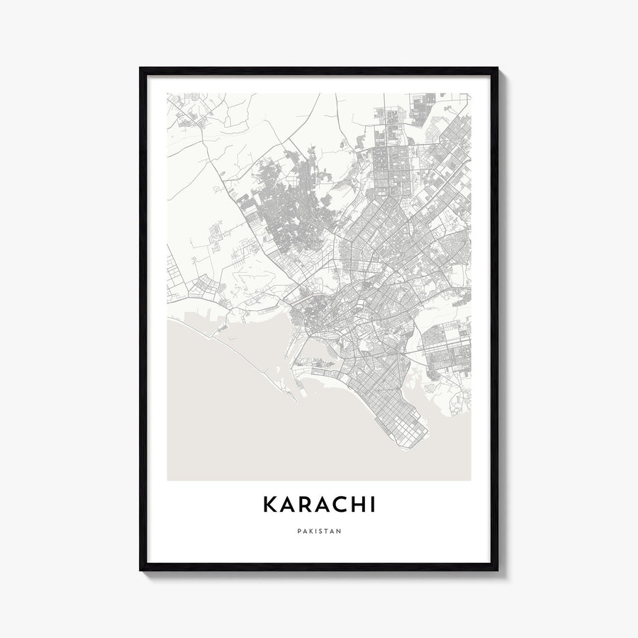 Karachi black & white map poster of Pakistan – vertical wall art, unframed print shown in interior mockup