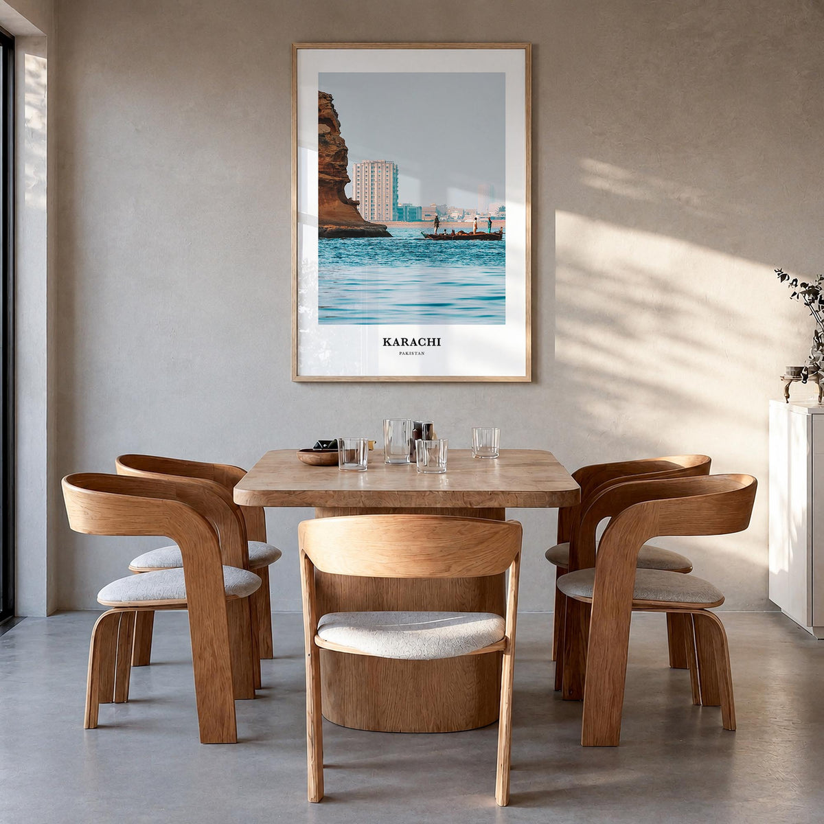 Karachi no. 2 colorful classic poster of Pakistan – vertical wall art in natural wood frame, hanging on wall