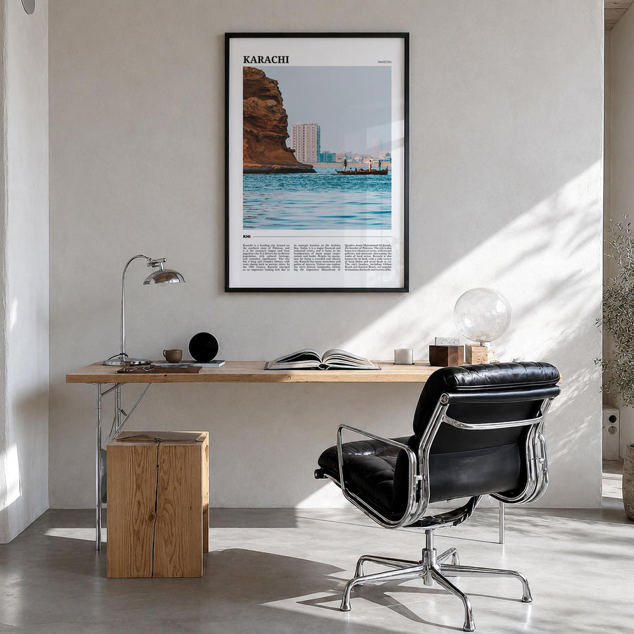 Karachi no. 2 colorful travel poster of Pakistan – vertical wall art in black wood frame, hanging on wall