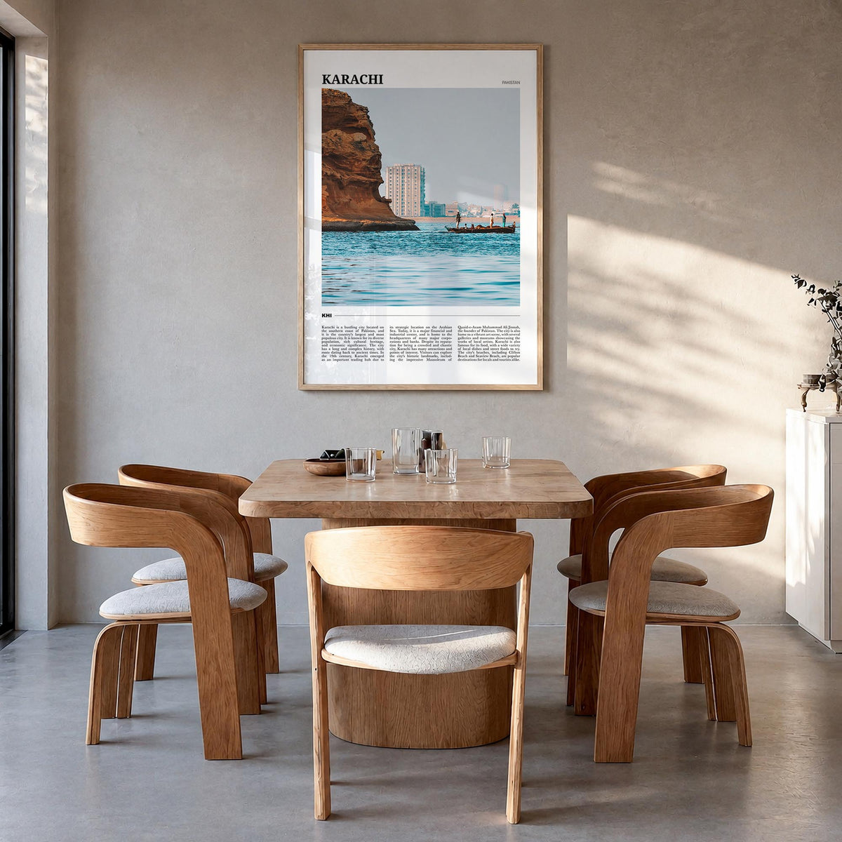 Karachi no. 2 colorful travel poster of Pakistan – vertical wall art in natural wood frame, hanging on wall
