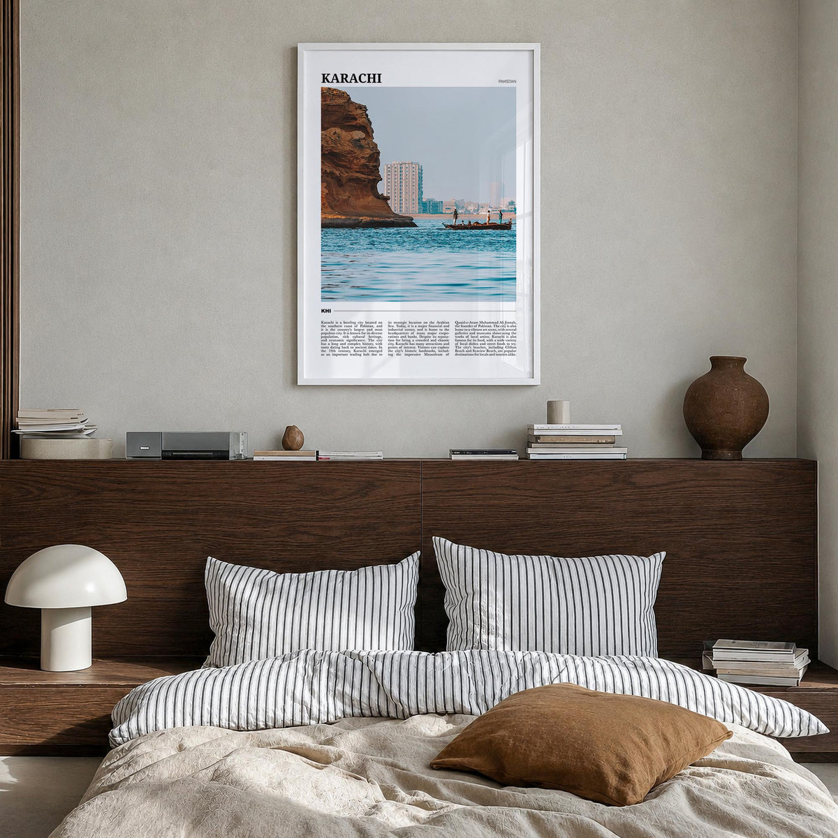 Karachi no. 2 colorful travel poster of Pakistan – vertical wall art in white wood frame, hanging on wall