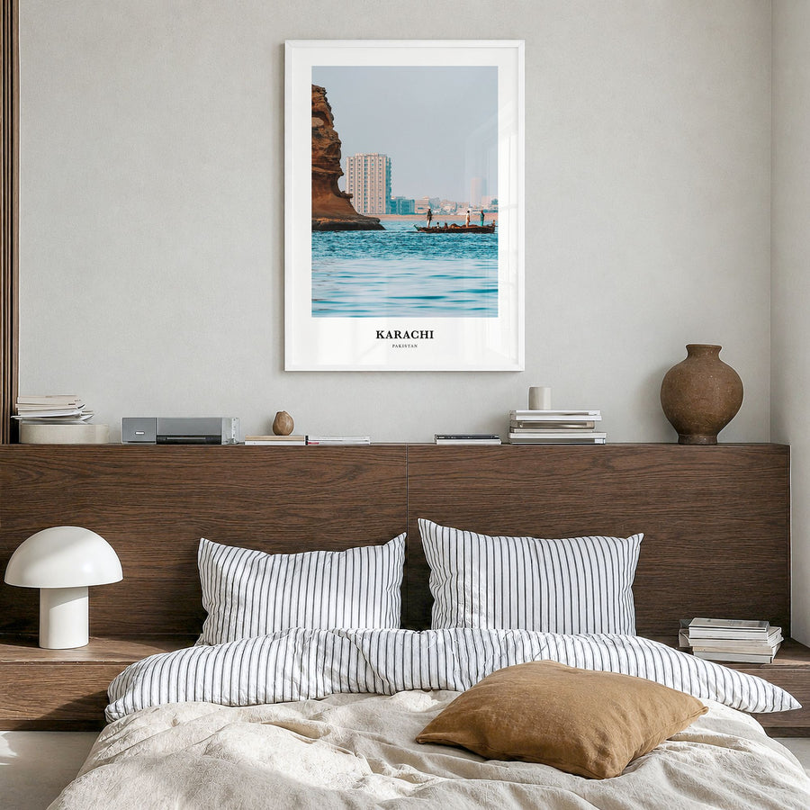 Karachi Classic No 2 Poster in a white wood frame, hanging in a bedroom