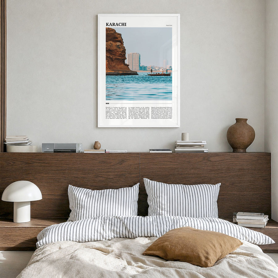 Karachi Travel No 2 Poster in a white wood frame, hanging in a bedroom
