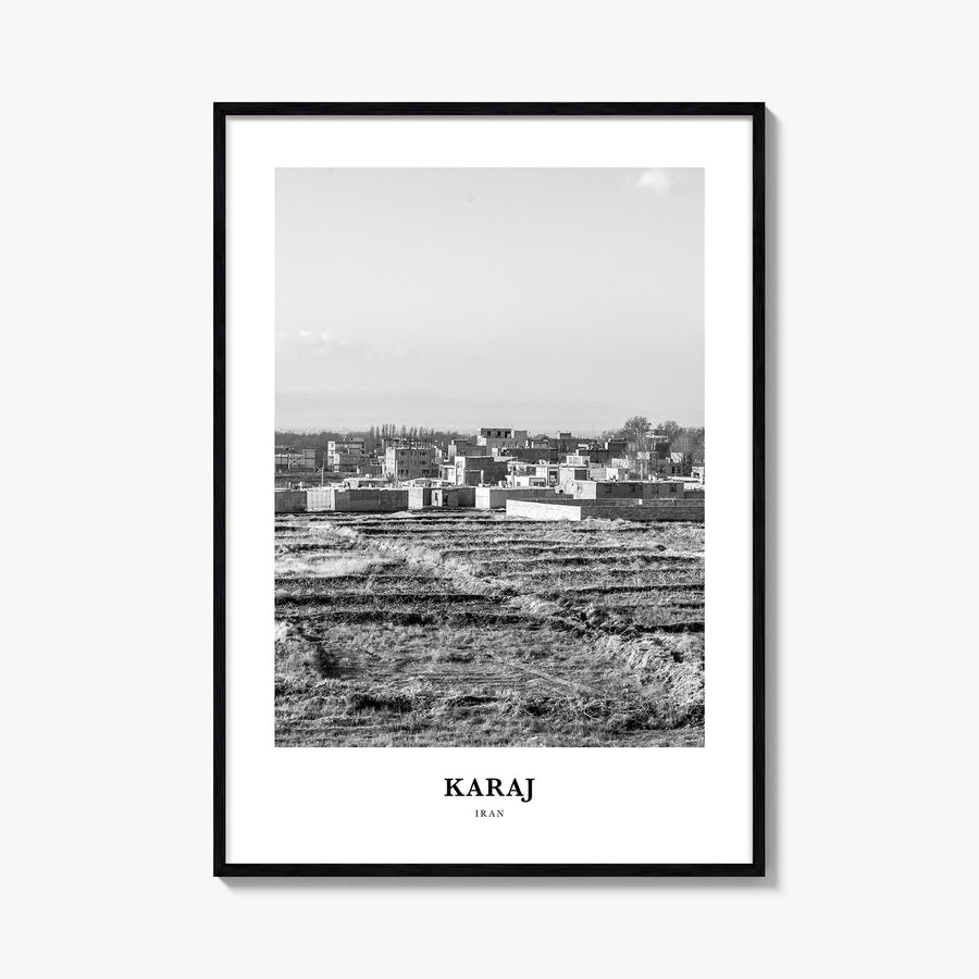Karaj black & white classic poster of Iran – vertical wall art, unframed print shown in interior mockup