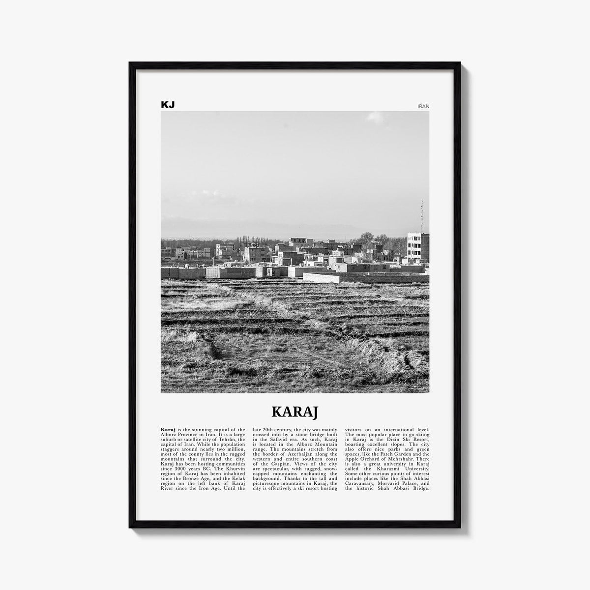 Karaj black & white newspaper poster of Iran – vertical wall art, unframed print shown in interior mockup