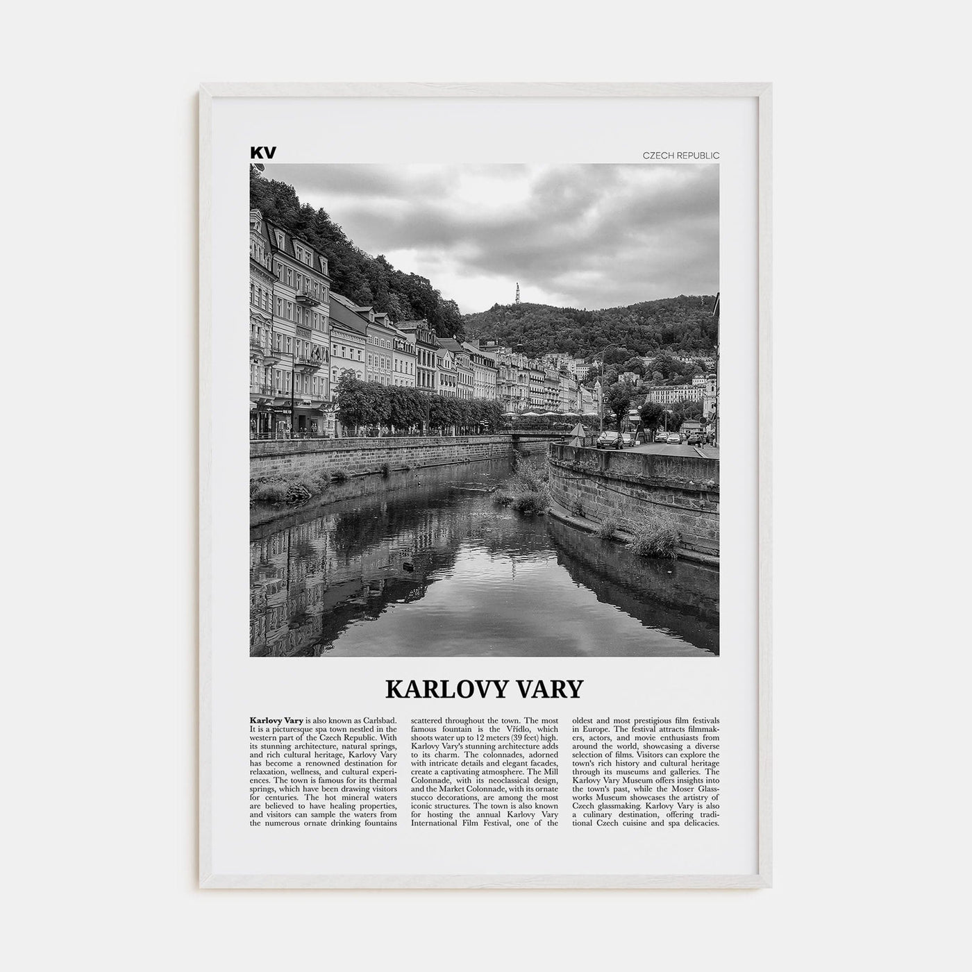 Karlovy Vary Poster White Wood / 8x12 in Nbourhood Travel B&W Poster