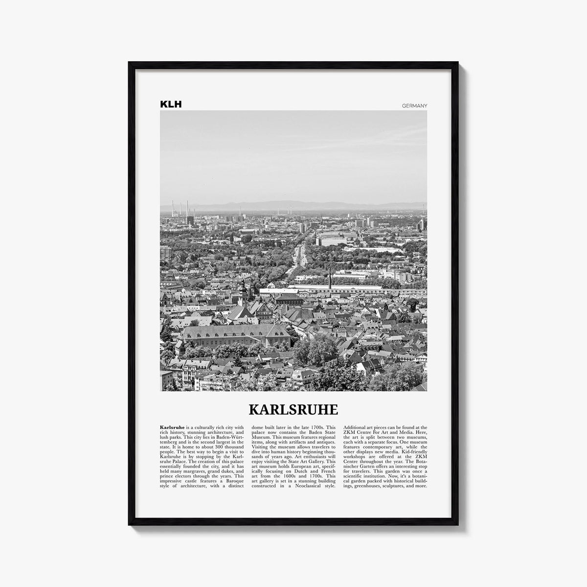 Karlsruhe black & white newspaper poster of Germany – vertical wall art, unframed print shown in interior mockup