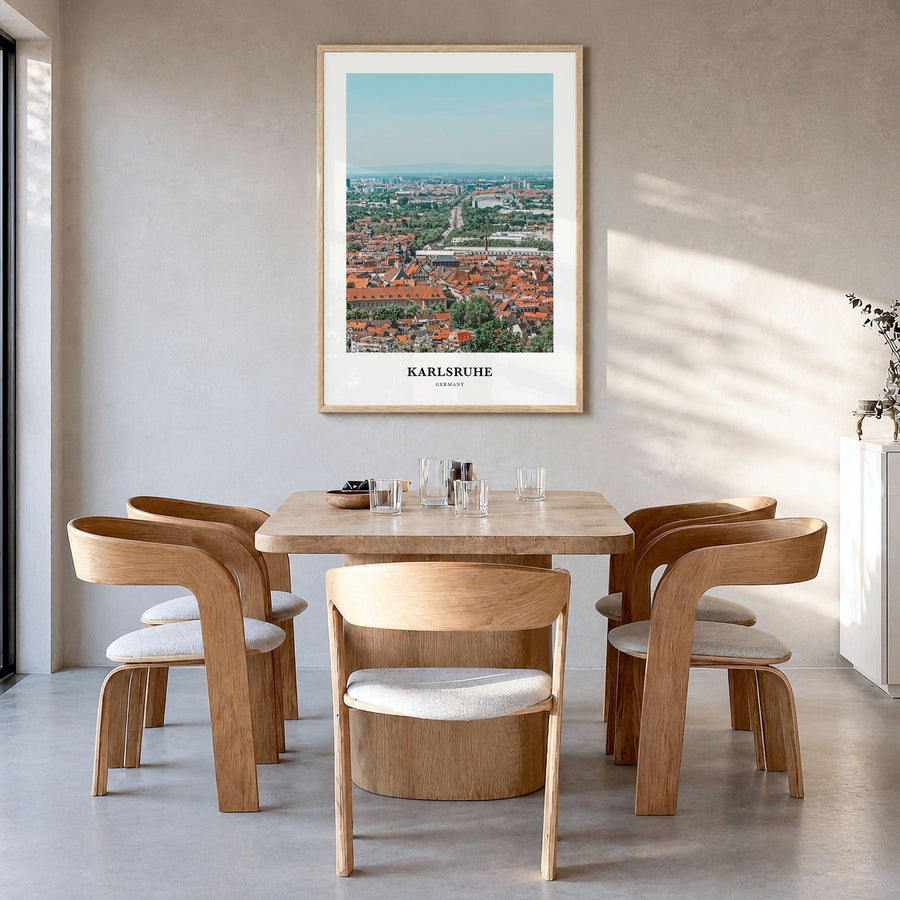 Karlsruhe Classic Poster in a natural wood frame, hanging in a dining room