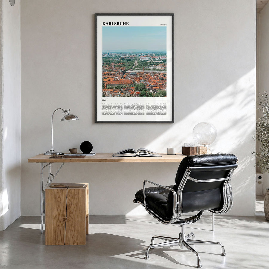 Karlsruhe Travel Poster in a black wood frame, hanging in a bright home office