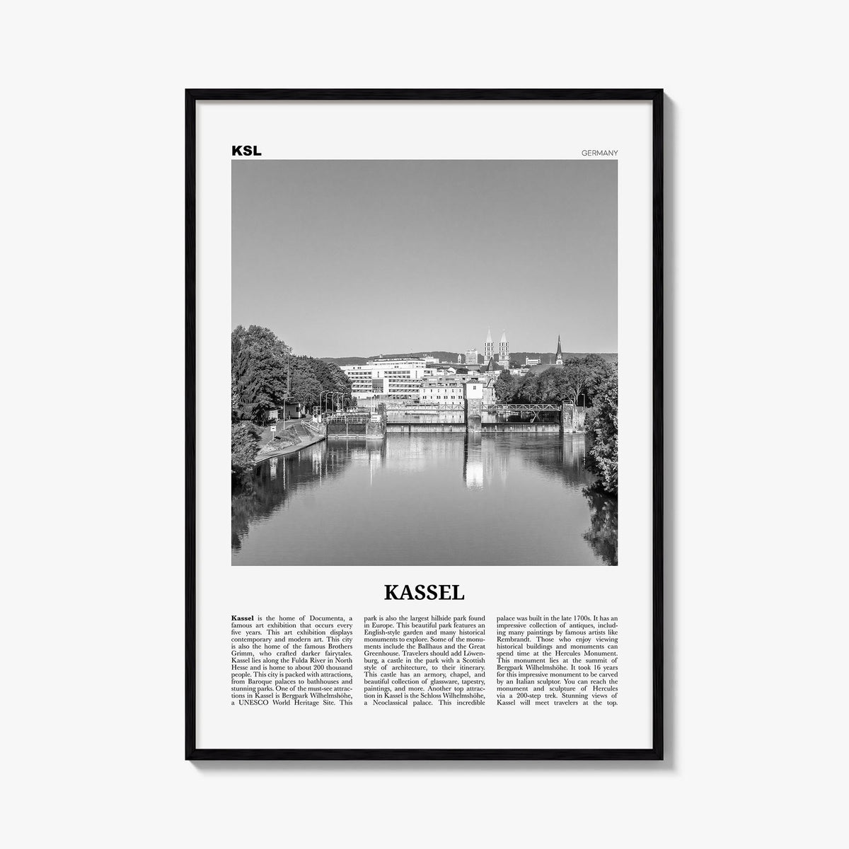 Kassel black & white newspaper poster of Germany – vertical wall art, unframed print shown in interior mockup