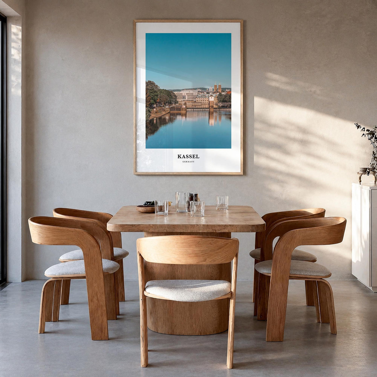 Kassel colorful classic poster of Germany – vertical wall art in natural wood frame, hanging on wall