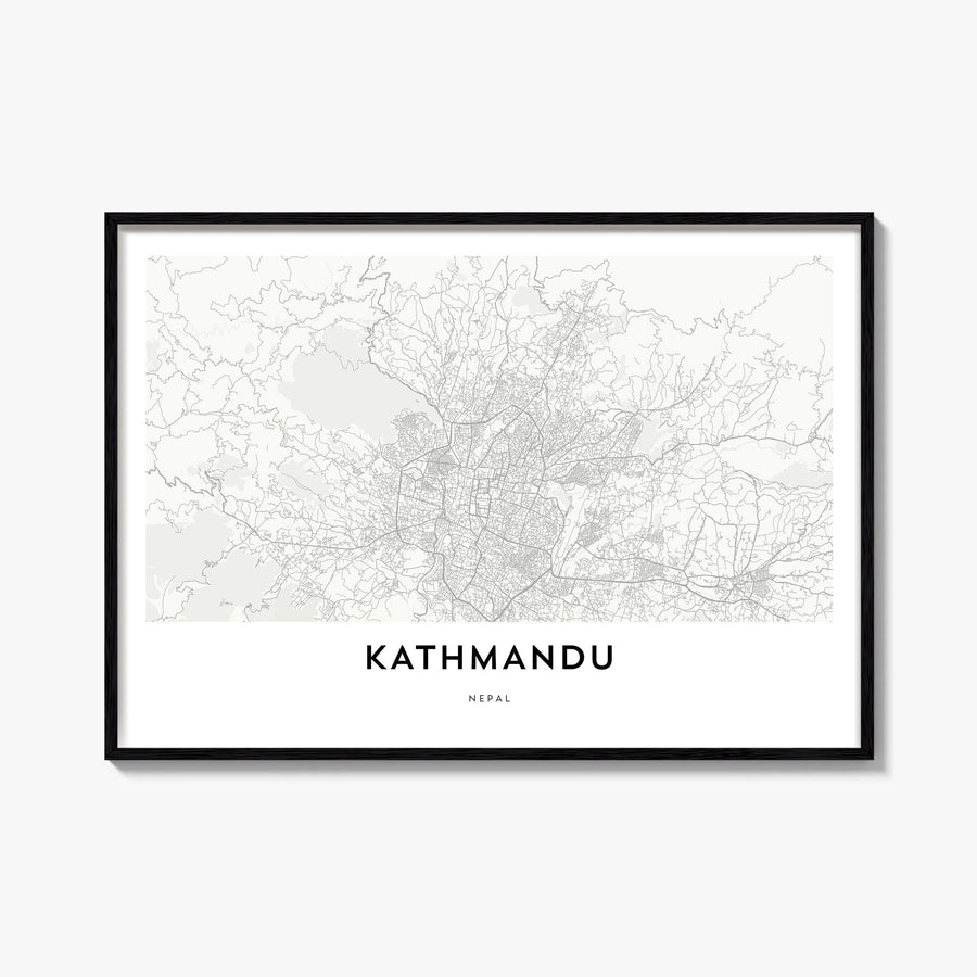 Kathmandu black & white map poster of Nepal – horizontal wall art, unframed print shown in interior mockup