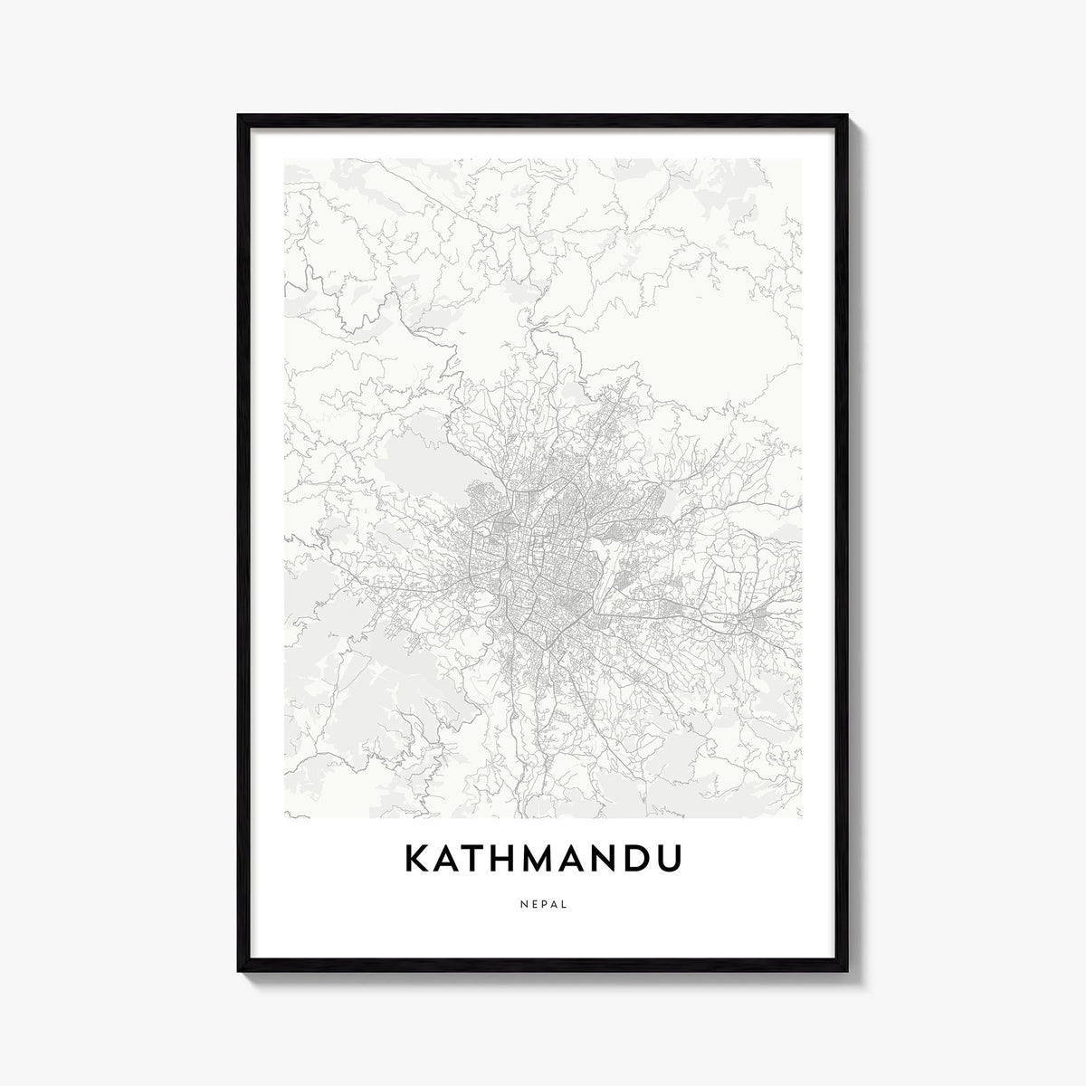 Kathmandu black & white map poster of Nepal – vertical wall art, unframed print shown in interior mockup