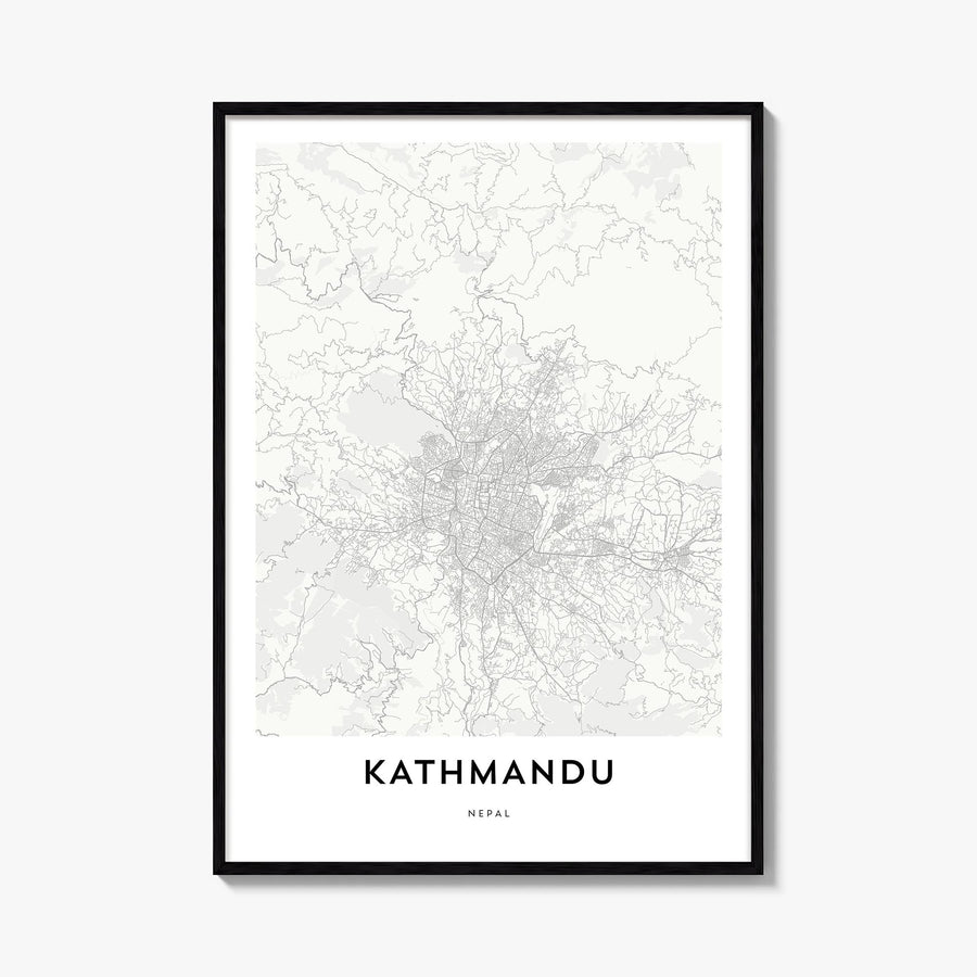 Kathmandu black & white map poster of Nepal – vertical wall art, unframed print shown in interior mockup