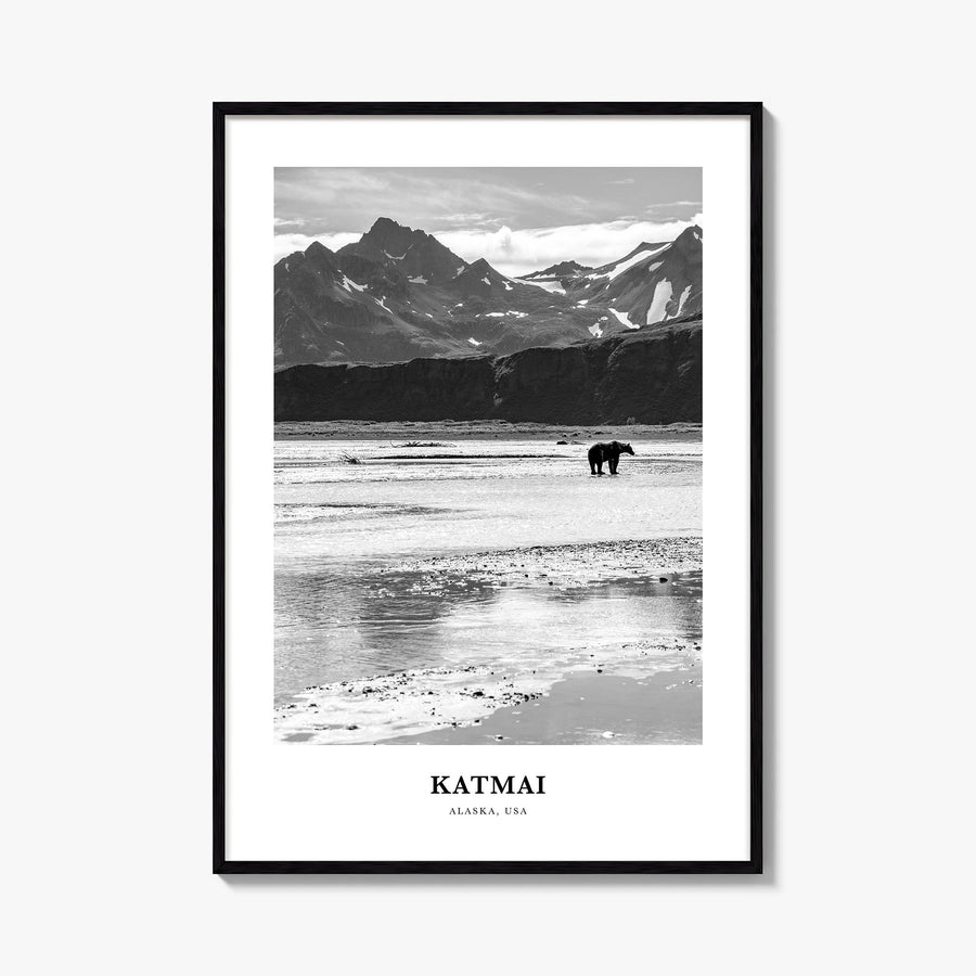 Katmai National Park black & white classic poster of Alaska, USA – vertical wall art, unframed print shown in interior mockup