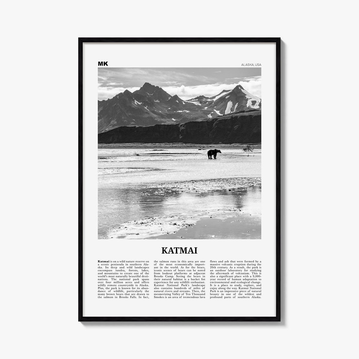 Katmai National Park black & white newspaper poster of Alaska, USA – vertical wall art, unframed print shown in interior mock