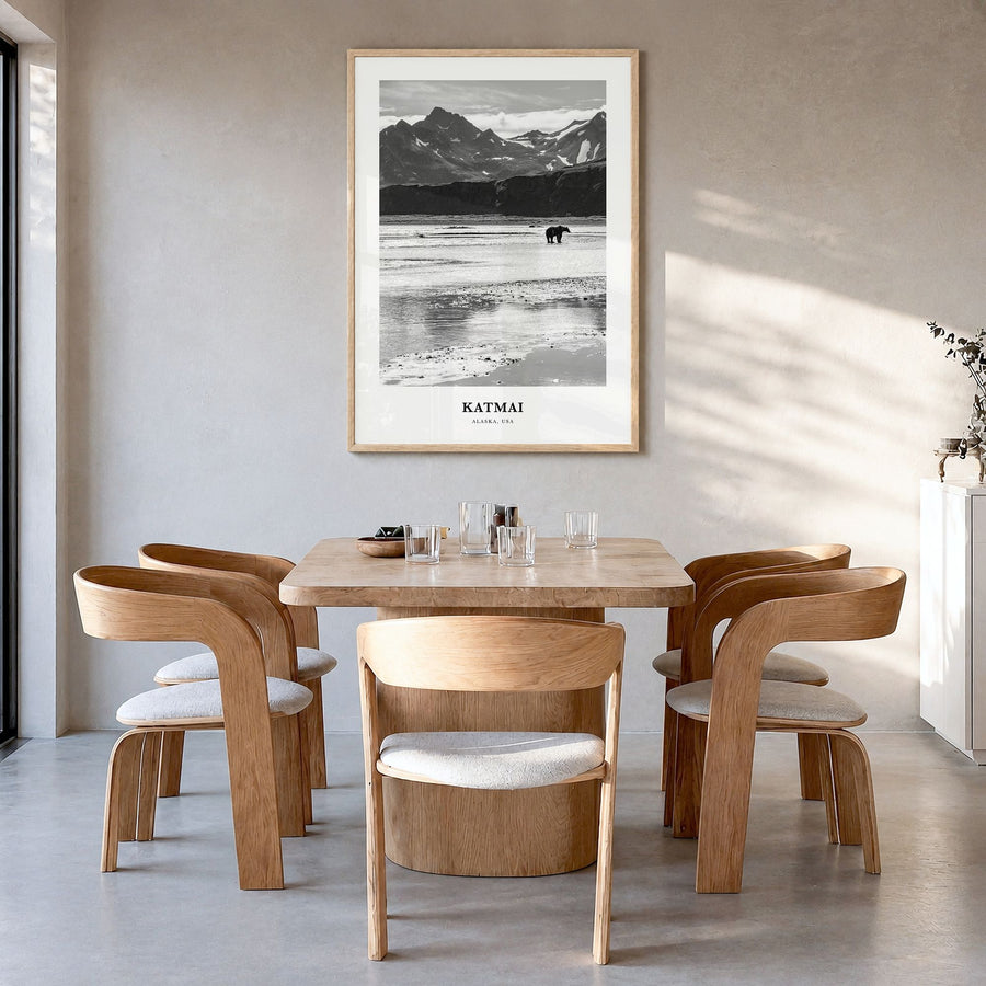 Katmai National Park Classic Poster in a natural wood frame, hanging in a dining room