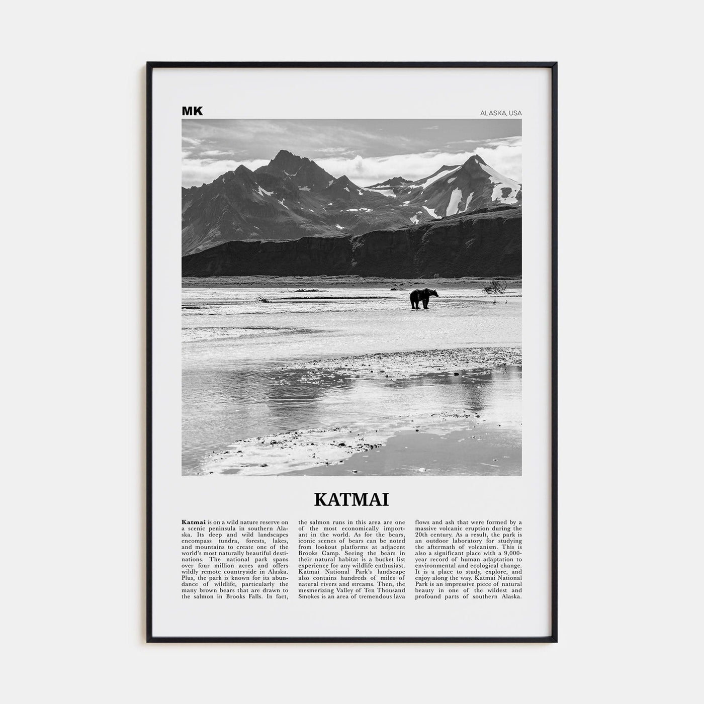 Katmai National Park Poster Black Metal / 8x12 in Nbourhood Travel B&W Poster