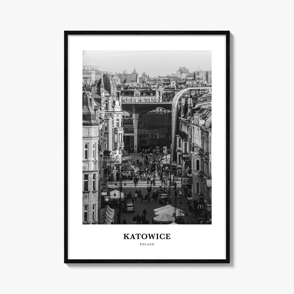 Katowice black & white classic poster of Poland – vertical wall art, unframed print shown in interior mockup
