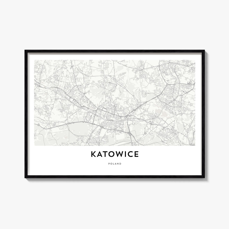 Katowice black & white map poster of Poland – horizontal wall art, unframed print shown in interior mockup