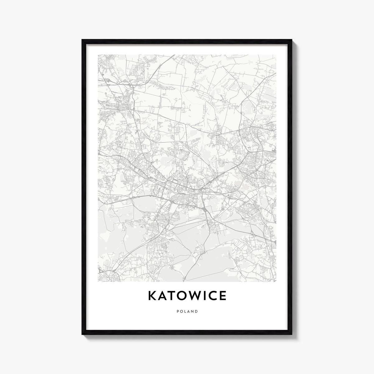 Katowice black & white map poster of Poland – vertical wall art, unframed print shown in interior mockup