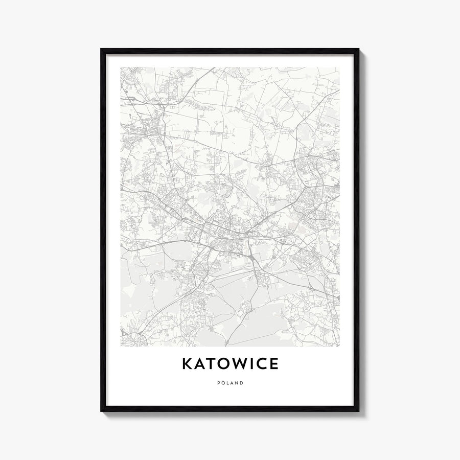 Katowice black & white map poster of Poland – vertical wall art, unframed print shown in interior mockup