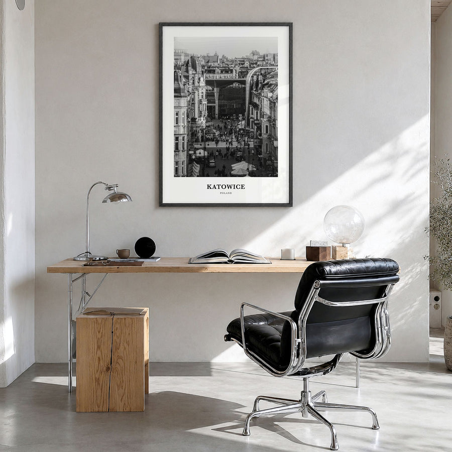 Katowice Classic Poster in a black wood frame, hanging in a bright home office