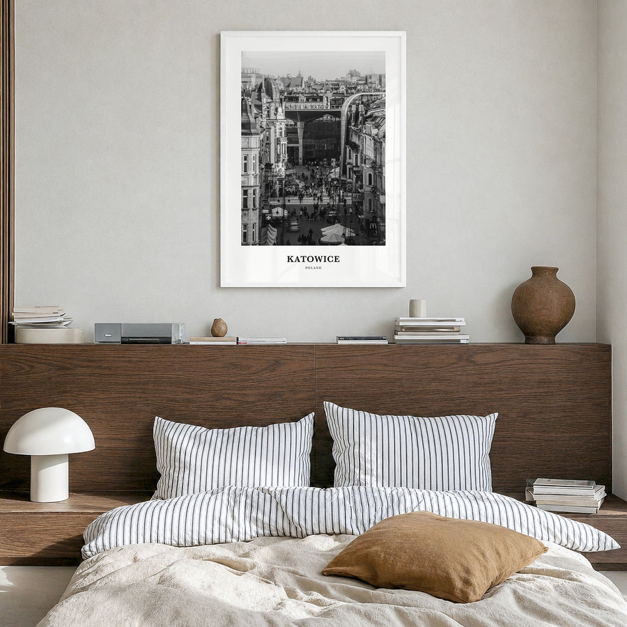 Katowice Classic Poster in a white wood frame, hanging in a bedroom