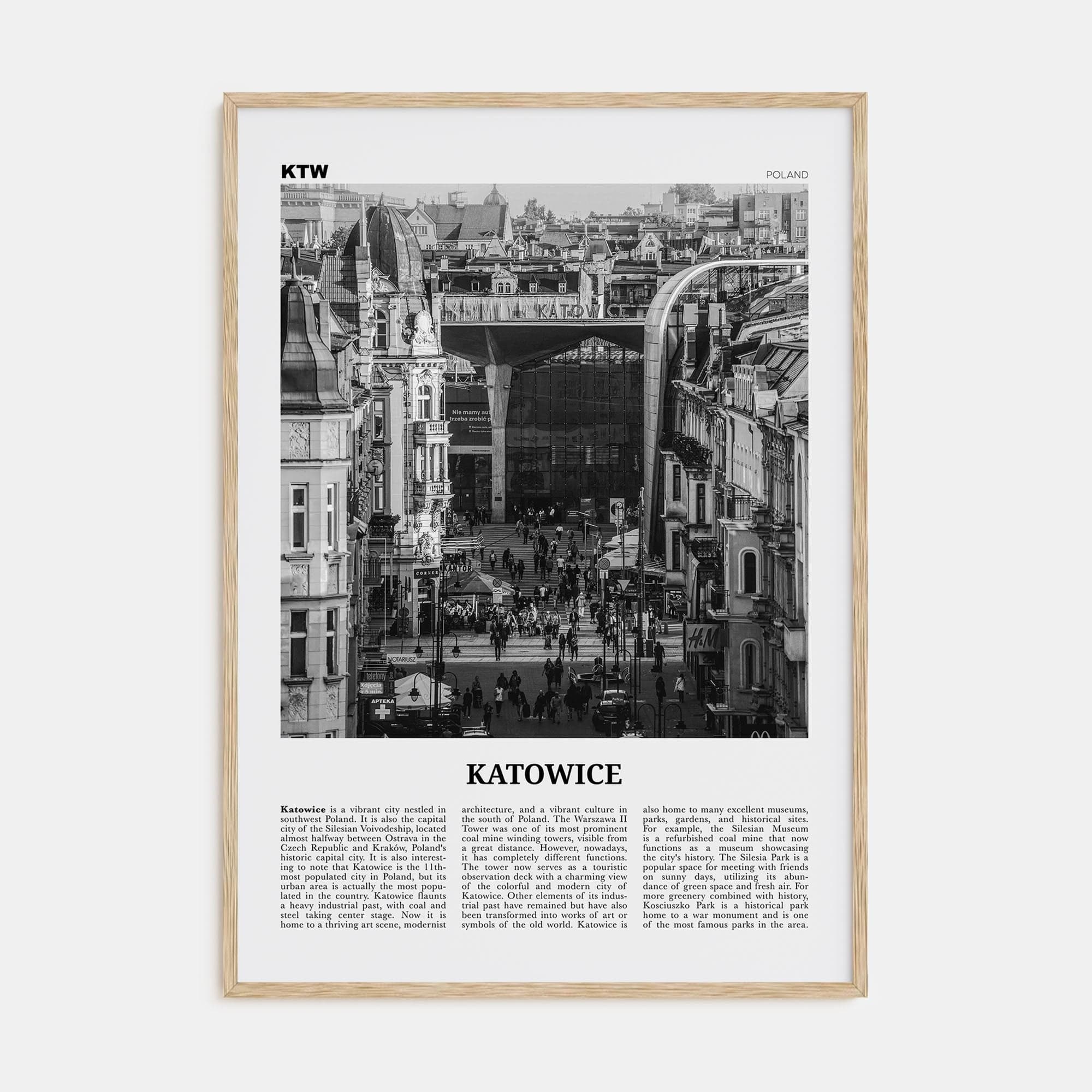 Katowice Poster Natural Wood / 8x12 in Nbourhood Travel B&W Poster