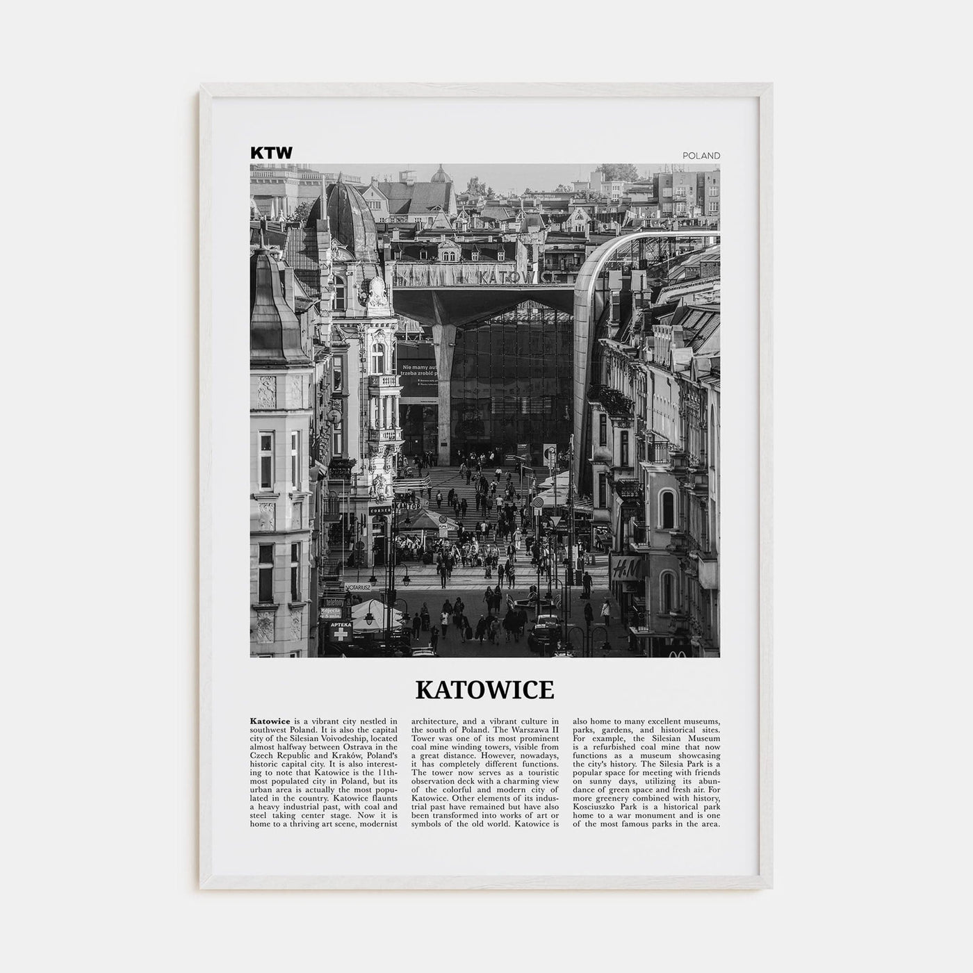 Katowice Poster White Wood / 8x12 in Nbourhood Travel B&W Poster