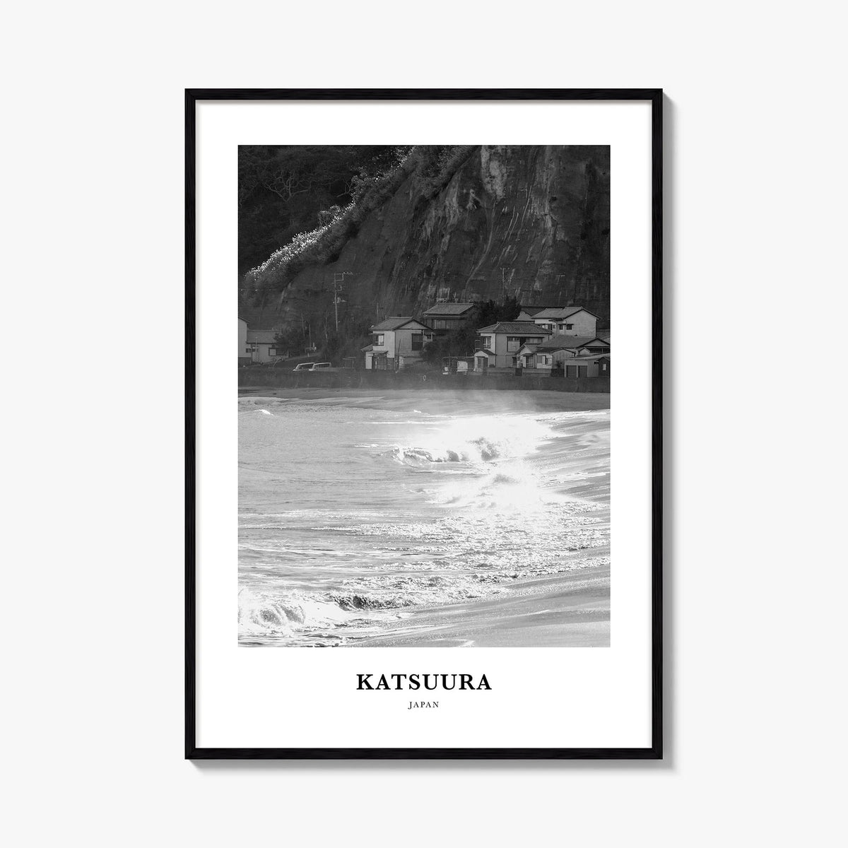 Katsuura black & white classic poster of Japan – vertical wall art, unframed print shown in interior mockup