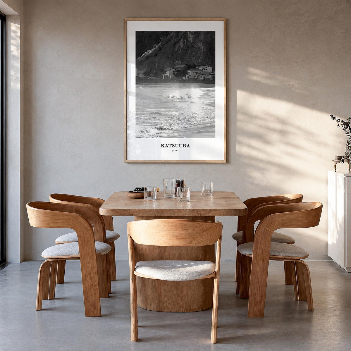 Katsuura black & white classic poster of Japan – vertical wall art in natural wood frame, hanging on wall