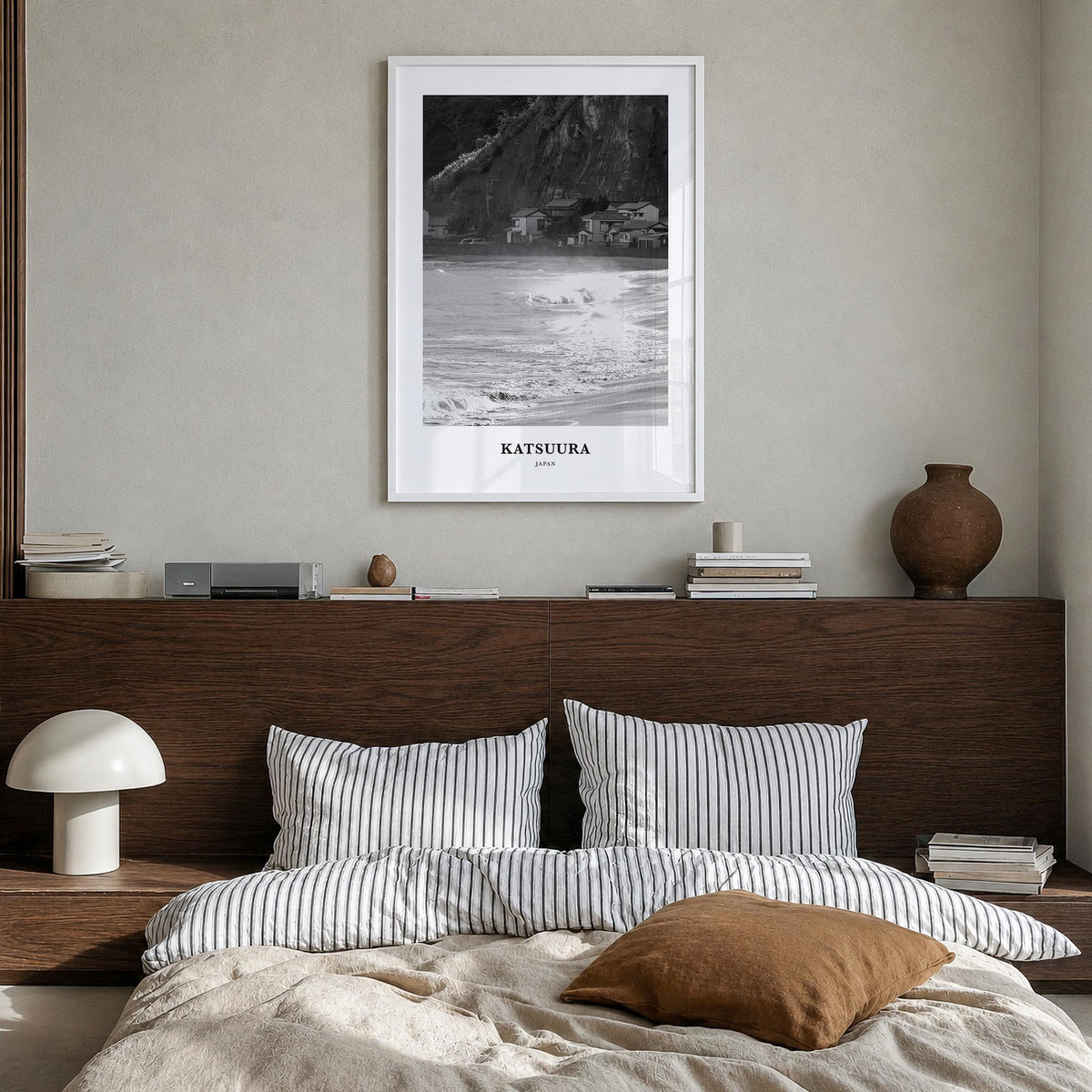 Katsuura black & white classic poster of Japan – vertical wall art in white wood frame, hanging on wall