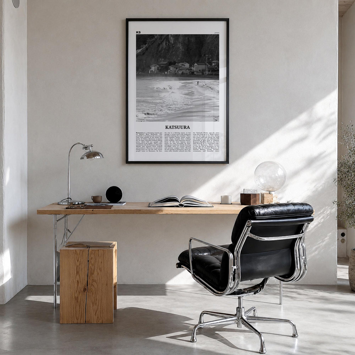 Katsuura black & white newspaper poster of Japan – vertical wall art in black wood frame, hanging on wall