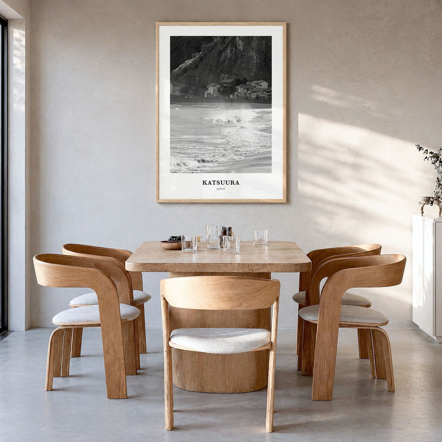 Katsuura Classic Poster in a natural wood frame, hanging in a dining room