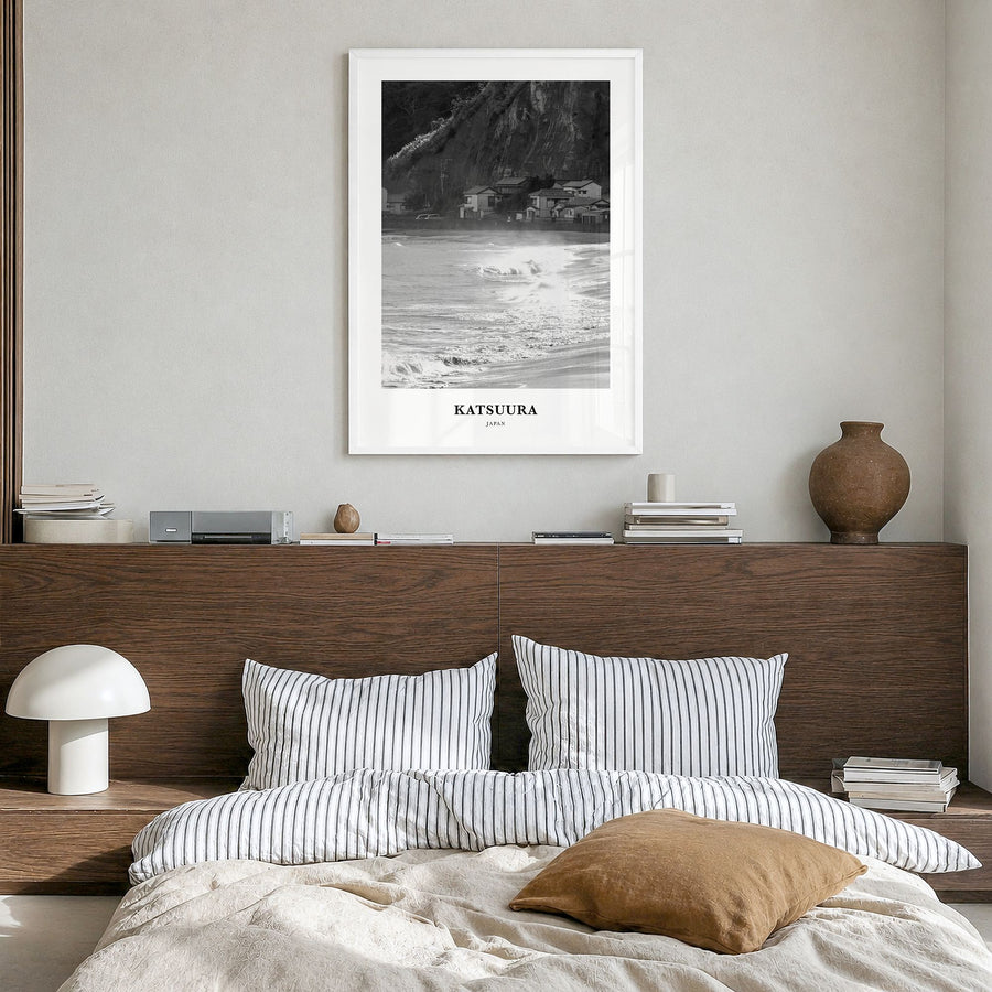 Katsuura Classic Poster in a white wood frame, hanging in a bedroom