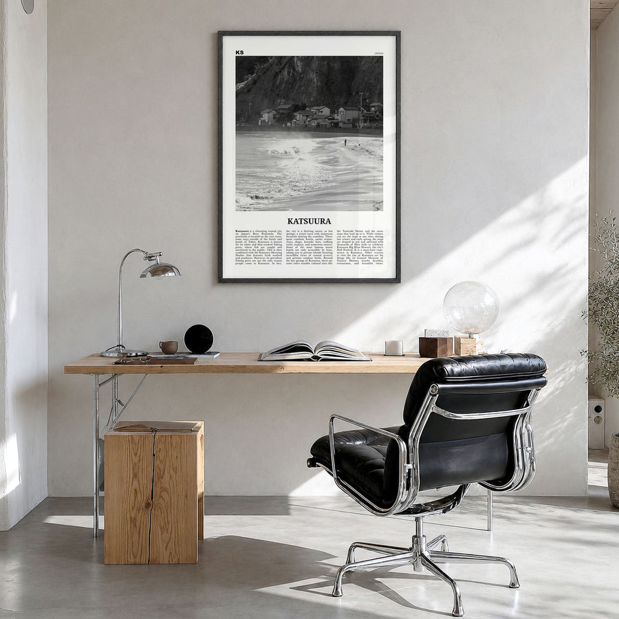Katsuura Newspaper Poster in a black wood frame, hanging in a bright home office