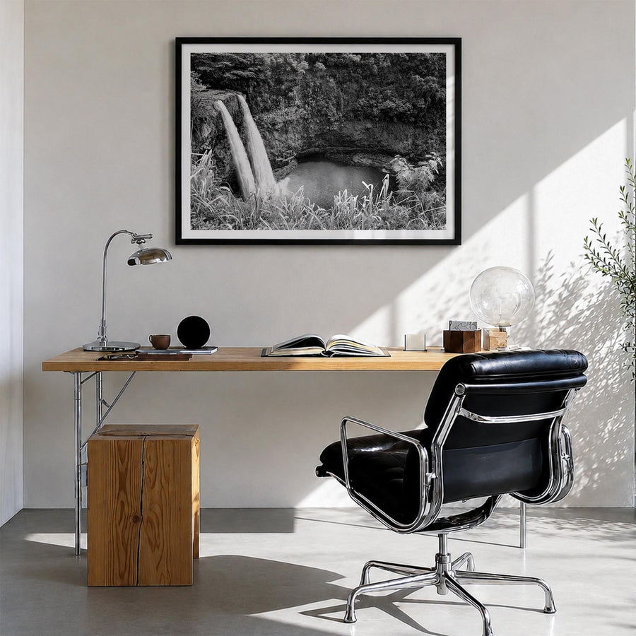 Kauai black & white photo poster of Hawaii, USA – horizontal wall art in black wood frame with white border, hanging on wall