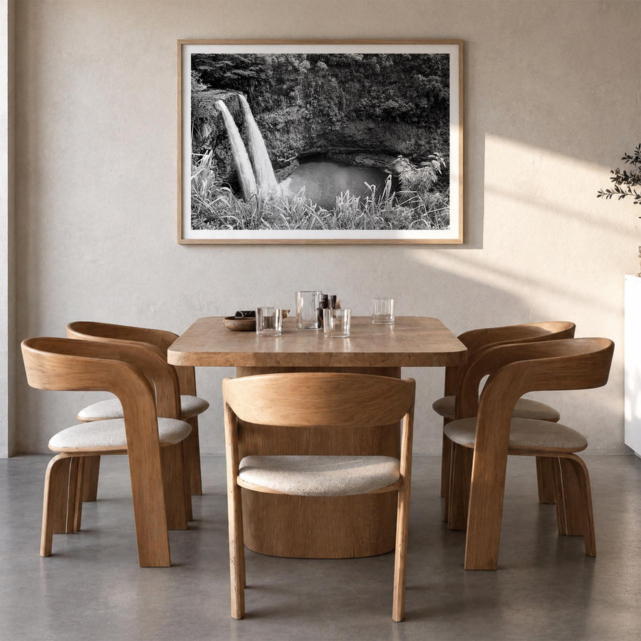 Kauai black & white photo poster of Hawaii, USA – horizontal wall art in natural wood frame with white border, hanging on wal