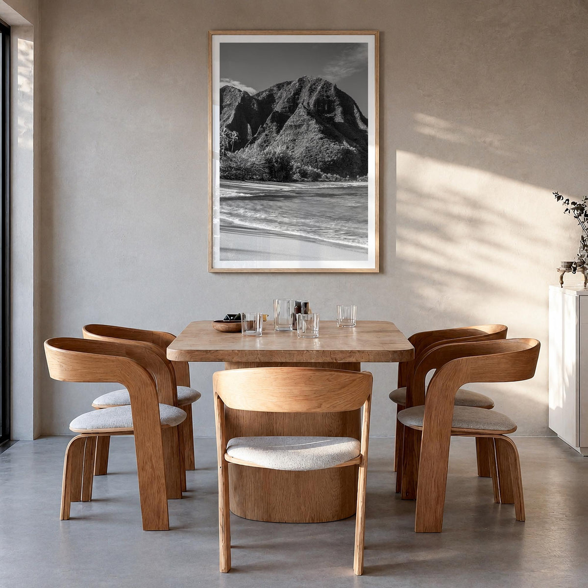 Kauai black & white photo poster of Hawaii, USA – vertical wall art in natural wood frame with white border, hanging on wall