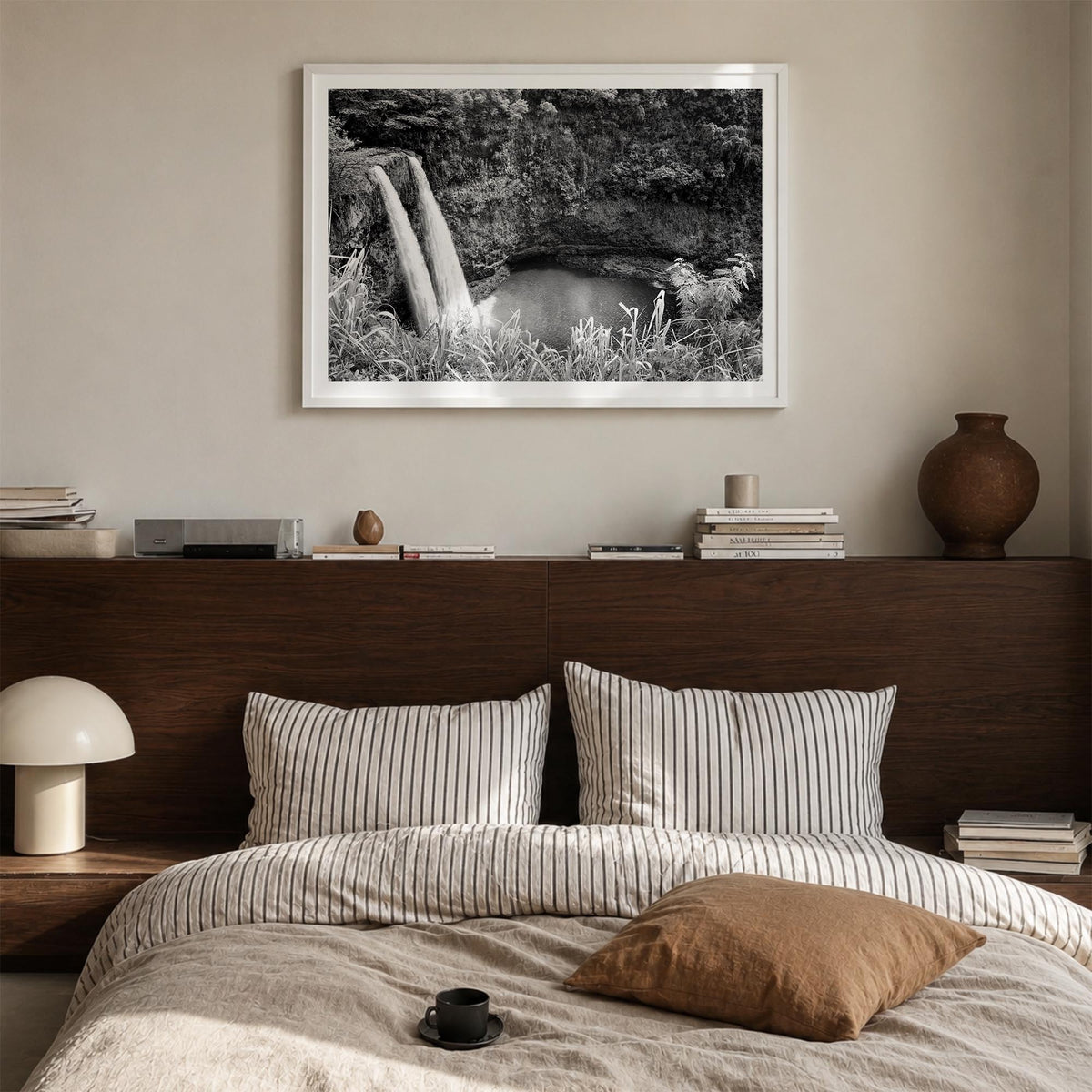 Kauai black & white photo poster of Hawaii, USA – horizontal wall art in white wood frame with white border, hanging on wall