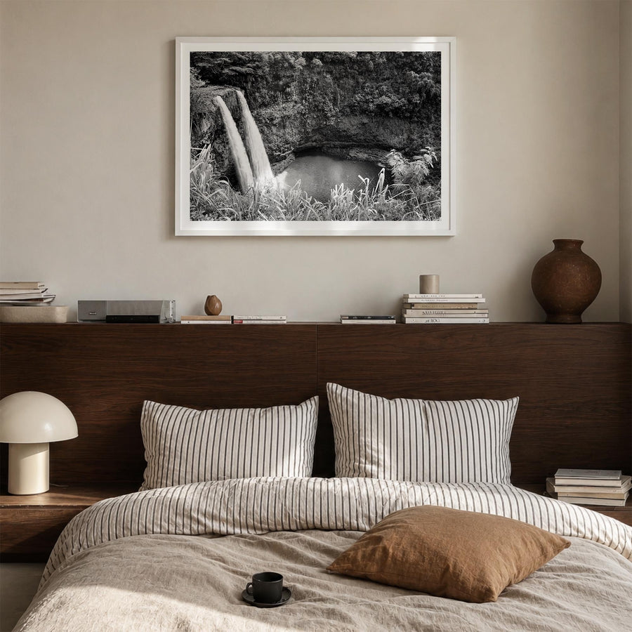 Kauai black & white photo poster of Hawaii, USA – horizontal wall art in white wood frame with white border, hanging on wall