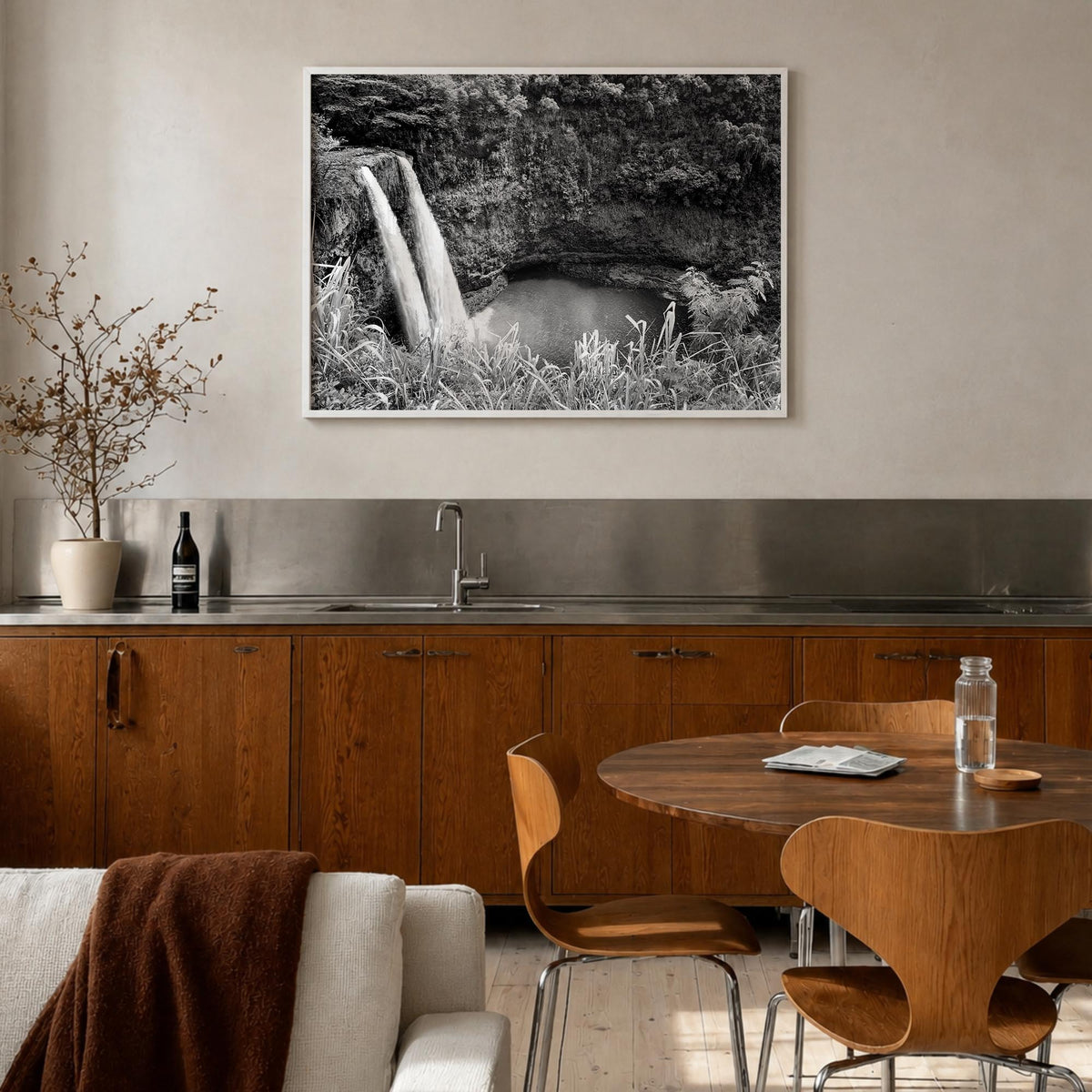 Kauai black & white photo poster of Hawaii, USA – horizontal wall art in white wood frame, hanging on wall