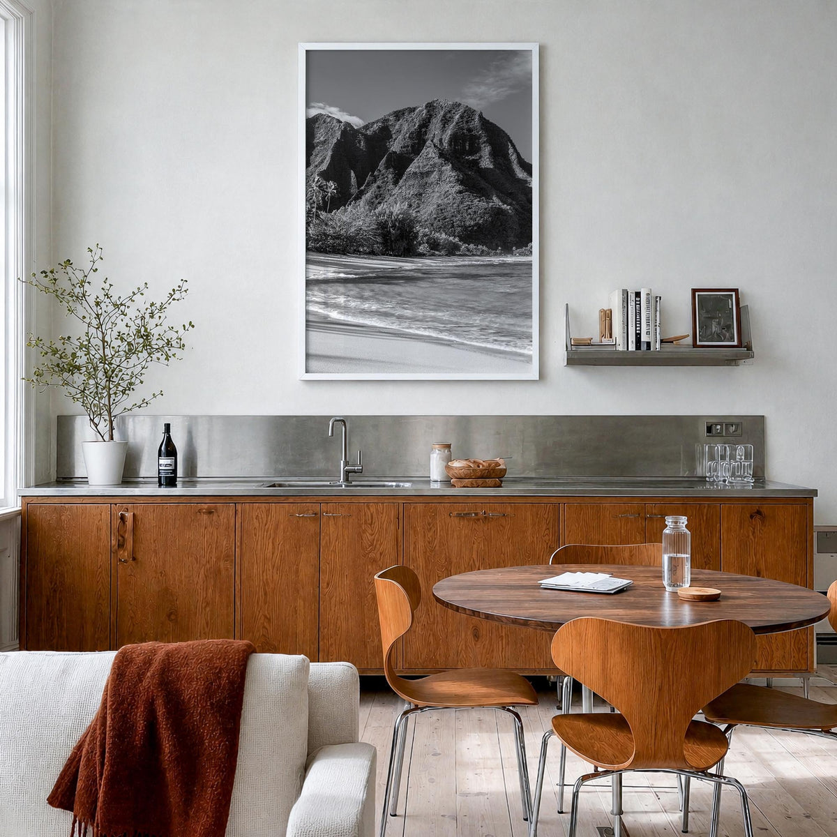 Kauai black & white photo poster of Hawaii, USA – vertical wall art in white wood frame, hanging on wall