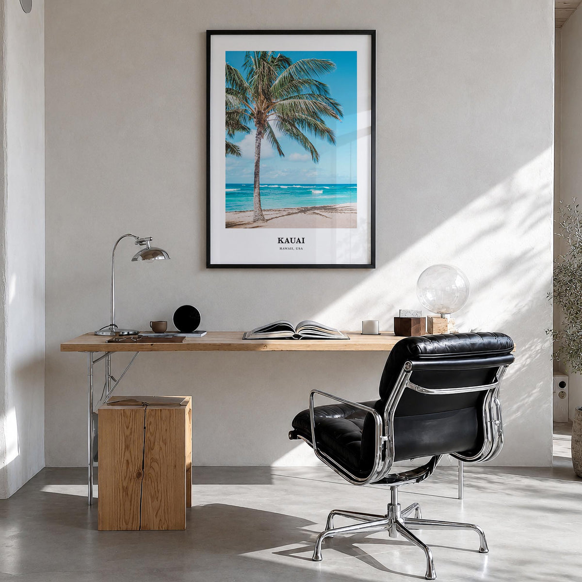 Kauai colorful classic poster of Hawaii, USA – vertical wall art in black wood frame, hanging on wall