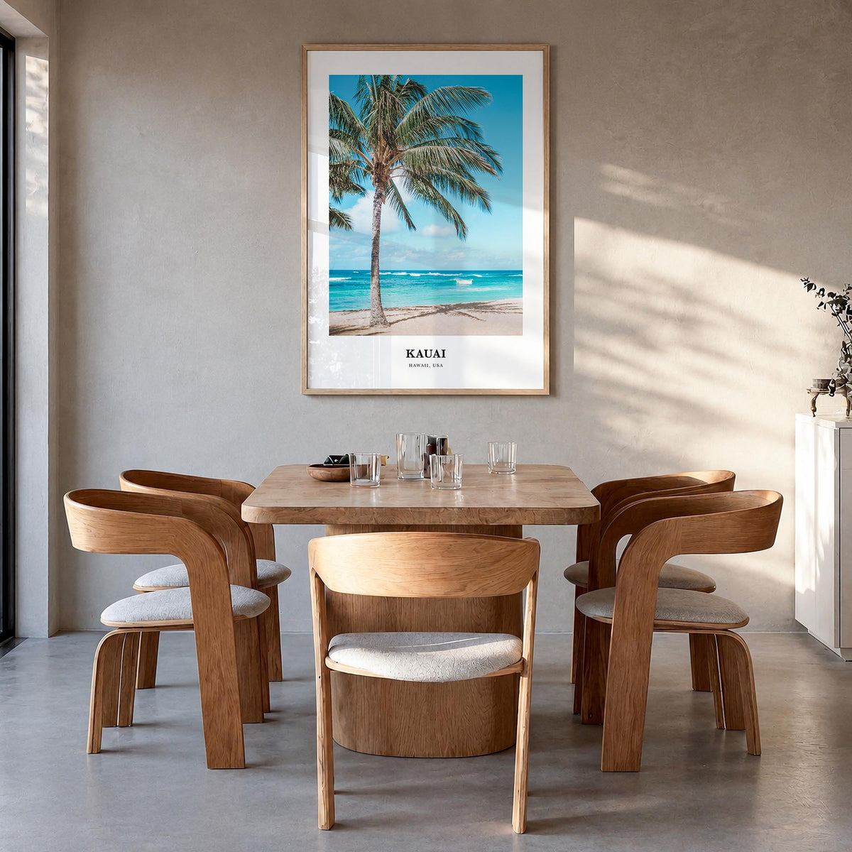 Kauai colorful classic poster of Hawaii, USA – vertical wall art in natural wood frame, hanging on wall