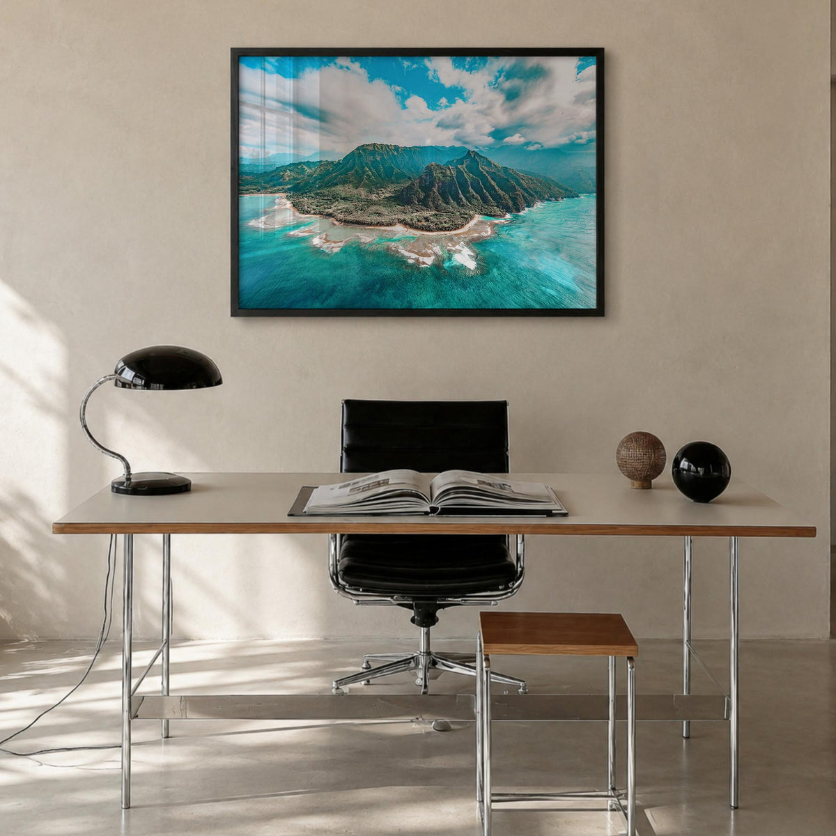 Kauai colorful photo poster of Hawaii, USA – horizontal wall art in black wood frame, hanging on wall
