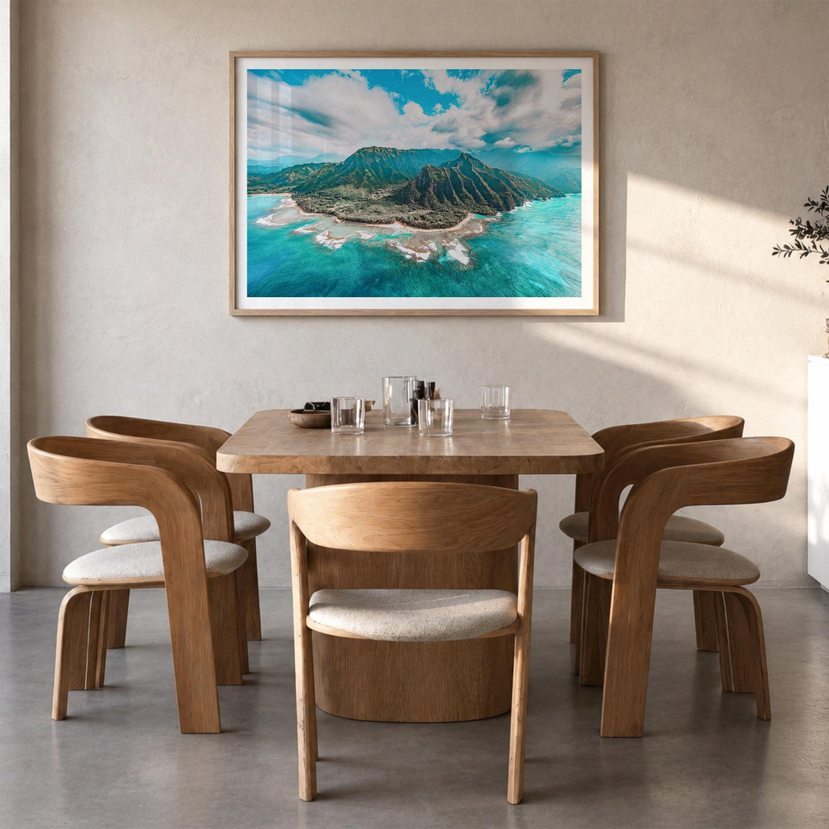 Kauai colorful photo poster of Hawaii, USA – horizontal wall art in natural wood frame with white border, hanging on wall