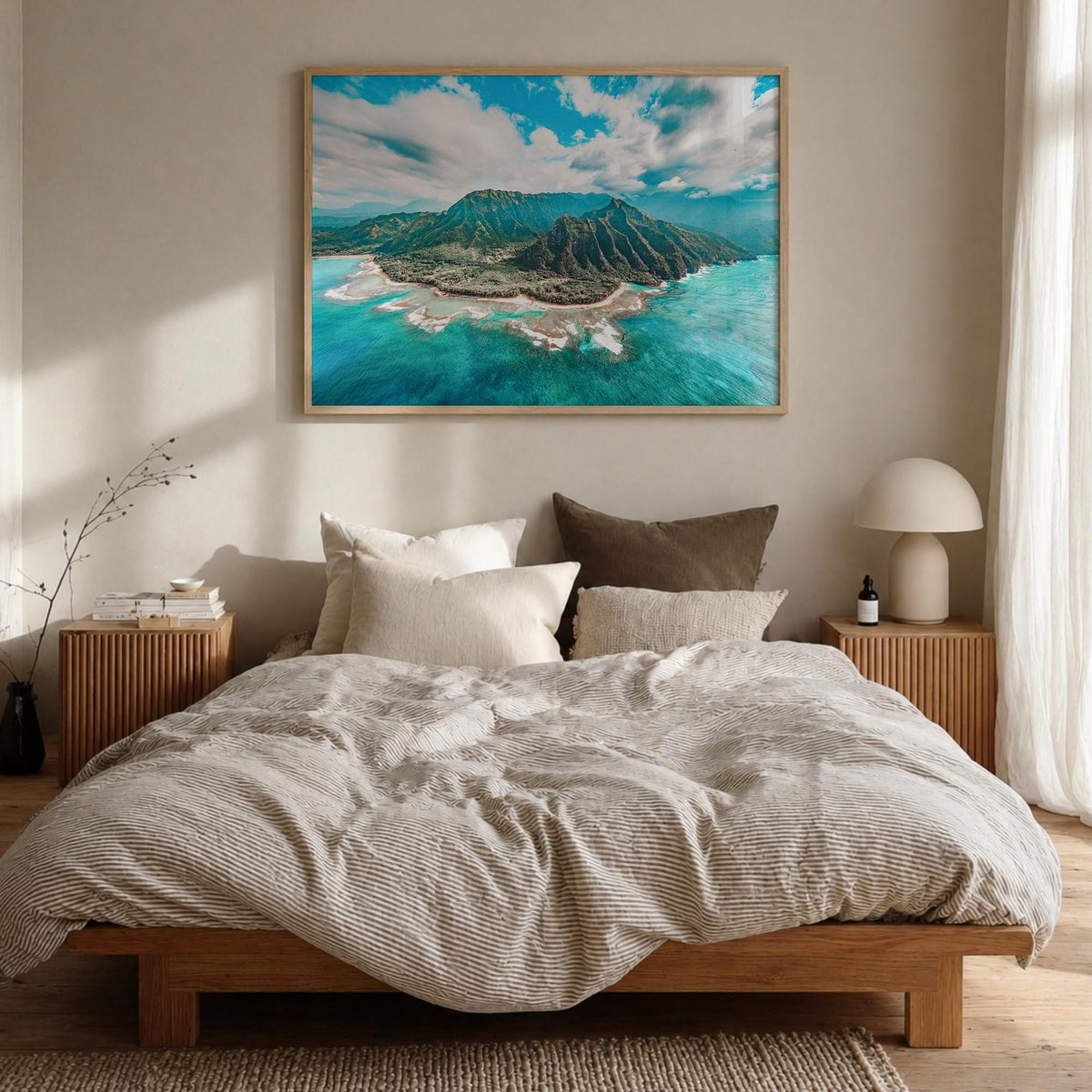 Kauai colorful photo poster of Hawaii, USA – horizontal wall art in natural wood frame, hanging on wall