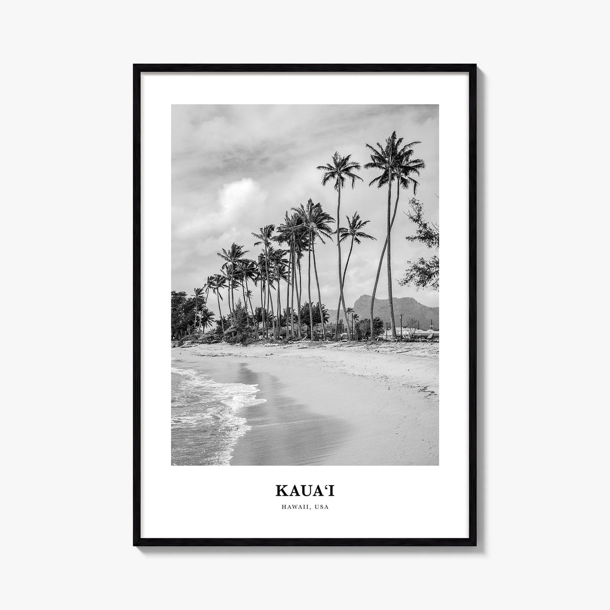 Kauai no. 1 black & white classic poster of Hawaii, USA – vertical wall art, unframed print shown in interior mockup